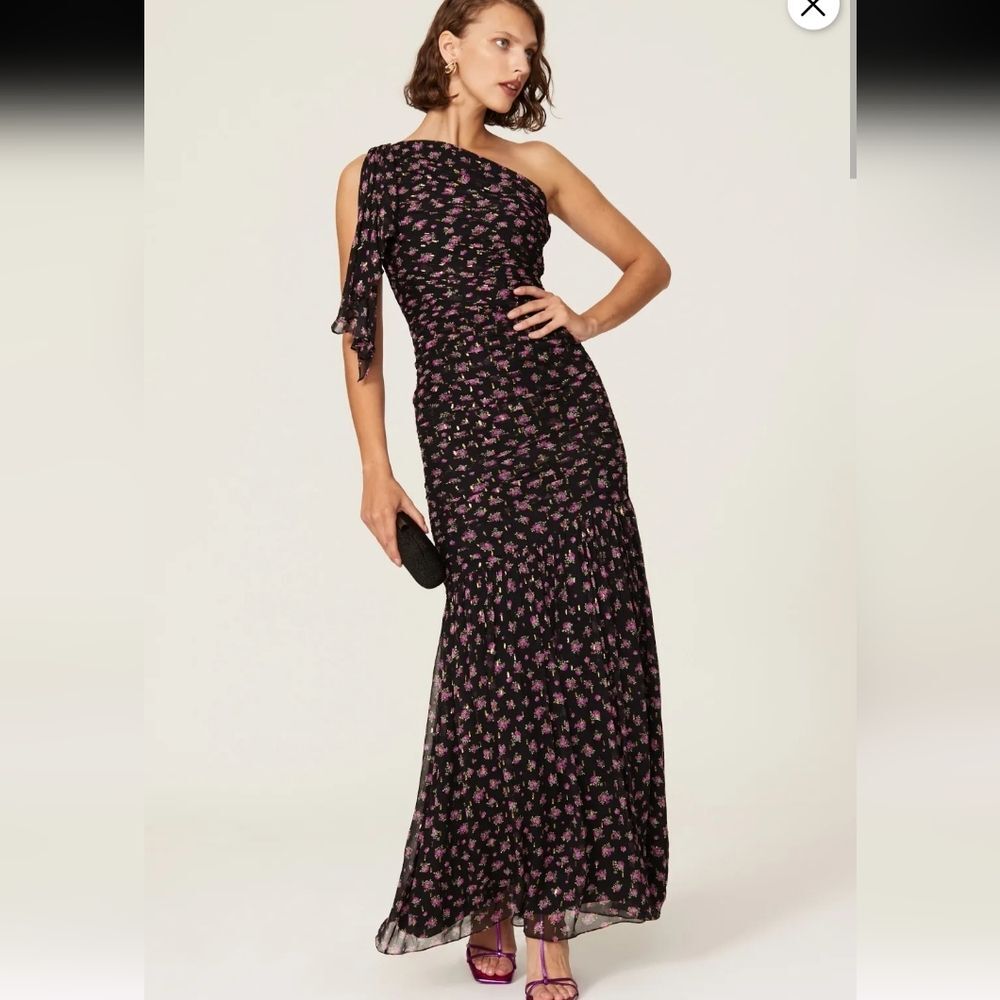 Shoshanna Vivine Tossed Rose Black Pink Floral One Shoulder Formal Gown Size 16